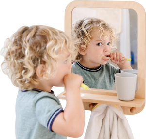 Miroir mural en acrylique pour enfants au design moderne, incassable, avec cadre en bois, crochets et étagère en bois - Product Image 3