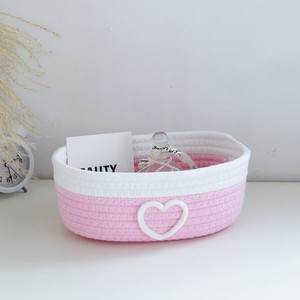 Cotton <b>Rope</b> Woven <b>Storage</b> <b>Basket</b> Round Pink And Off White Heart Shape Desktop Cosmetic Snack Organizer No Lid - Product Image 3