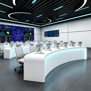 <span class=keywords><strong>Console</strong></span> de salle de contrôle incurvée moderne, <span class=keywords><strong>bureau</strong></span> de centre de commande multi-postes avec éclairage LED, poste de travail modulaire pour la surveillance de sécurité - Product Image 5