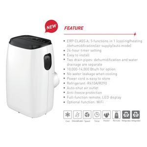 Climatiseur mobile silencieux et portable 5-en-1 à télécommande électrique multifonction <span class=keywords><strong>14000</strong></span> <span class=keywords><strong>BTU</strong></span> pour la maison, avec deux conduits de drainage et classe d'efficacité énergétique - Product Image 2