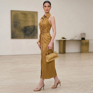 Vestido Largo <span class=keywords><strong>de</strong></span> Verano para Mujer ZYHT 75272, Estilo Maxi, Jacquard Satinado, Cuello Camisero, Casual, para Fiesta, con Nudo Natural, Sin Mangas - Product Image 2
