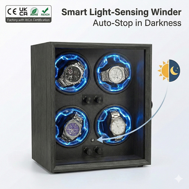 Smart Light Sensing Watch Winder 4 Slots Auto Stop in Darkness and Ultra Quiet Motor for Luxury Watches CE WCA Certification