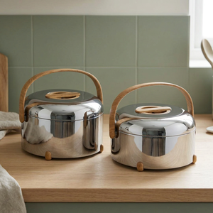 Casserole ronde minimaliste en acier inoxydable avec poignée en bois, récipient isotherme pour aliments - Product Image 3
