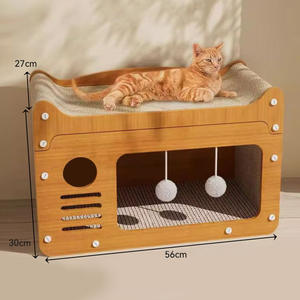 Großhandel Custom Size Katzen spielzeug Naturholz Katzen haus & Scratcher Combo-Abnehmbares Katzen bett mit Karton Scratcher Board - Product Image 4