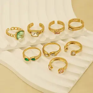 Luxury Vintage Design 18K Gold Plated Stainless Steel Emerald Zircon Inlaid Heart Open Ring for Women Fashion Jewelry