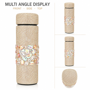 Bouteille d'eau isotherme cylindrique en acier inoxydable avec strass, couvercle entièrement orné de strass, bande décorative en pierres précieuses, pour usage quotidien féminin - Product Image 6