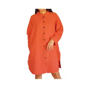柔软棉布中国衣领连衣裙女装泰国制造素色橙色砖色椰壳纽扣