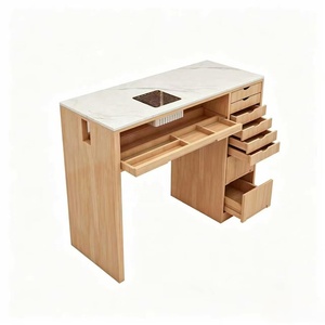 Modern Wood Nail Table Salon Furniture White Marble Look <b>Workstation</b> with Drawers for Beauty Studio - Product Image 1