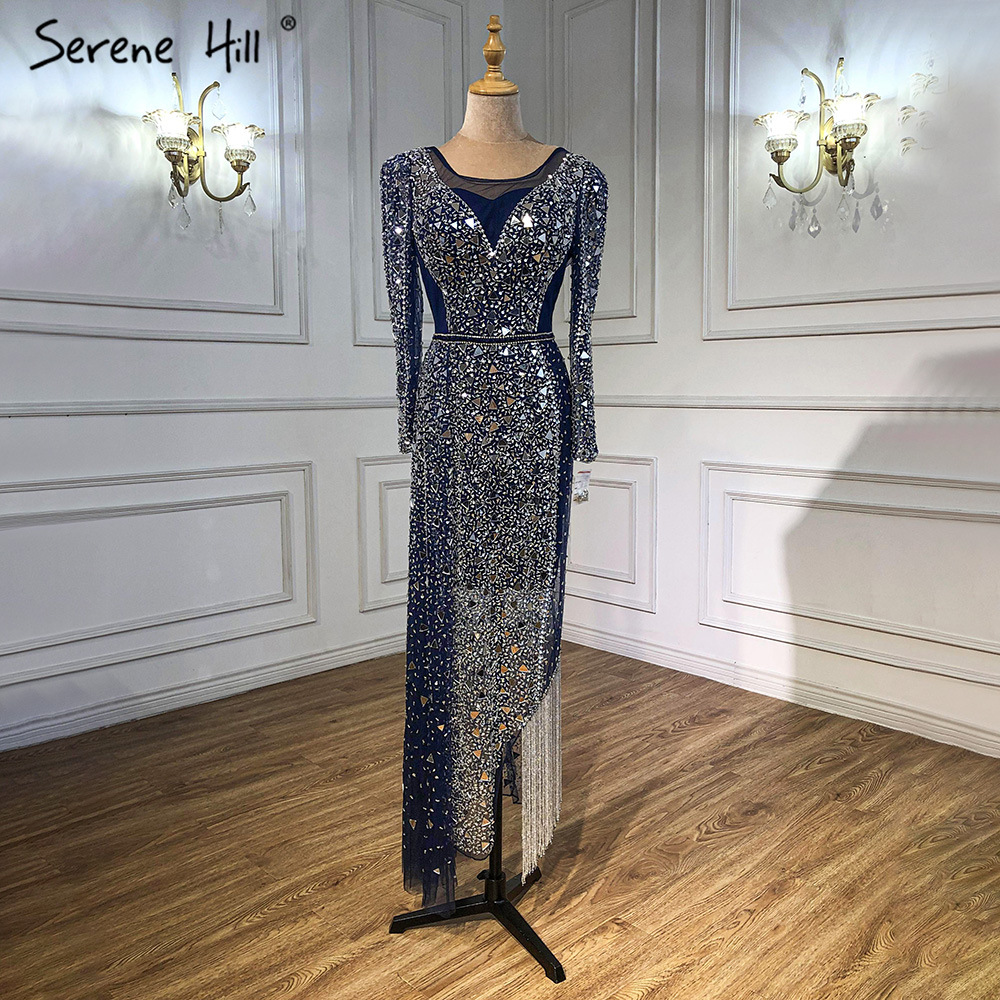 Exotic Mermaid Tassel Evening Dress LA71050 Slim Fit Beaded Arm Cover Blue  Silver Chiffon Natural for Party Wedding Spring| Alibaba.com