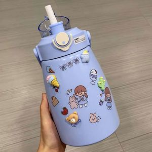 Cute Cartoon Kids Water Bottle <b>With</b> <b>Straw</b> Spill Proof Plastic Tumbler For Children Home Use Round Design - Product Image 4