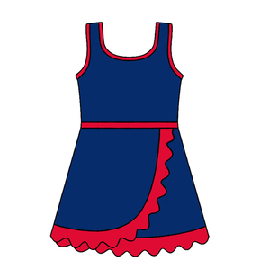 Robe GSD4133 personnalisée pour petite fille, style boutique, bleu marine uni avec bordure rouge, vente en gros, robe athlétique sans manches à volants pour bébé fille - Product Image 1