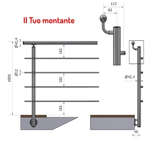 Main courante verticale A4-L P110132-4 4 traverses 42.4mm Offset poli AISI 316 balustrades de fixation latérale en acier inoxydable mains courantes - Product Image 1