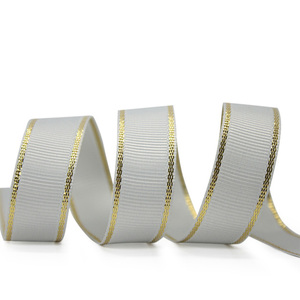 Trang trí 1 "inch đôi mặt 25 mét rắn Grosgrain <span class=keywords><strong>Ribbon</strong></span> bán buôn với vàng/bạc kim loại dây lưỡi - Product Image 3
