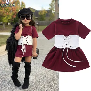 Conyson Offre Spéciale mignon enfants bébé filles robe + ceinture 2 pièces longue manches courtes lettre a-ligne robe + ceinture à carreaux gilet tenues ensemble