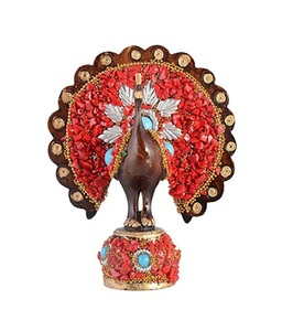 Handcrafted Wooden Peacock Decor Traditional Tabletop <b>Ornament</b> <b>Red</b> Beaded Design Indoor Living Room Art Piece - Product Image 1