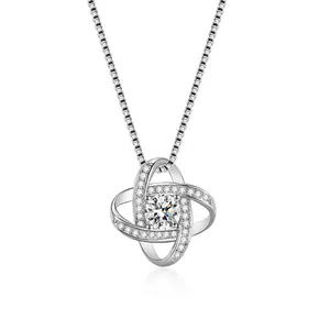 DY Eternal Love 925 Sterling Silver Rotating Four Leaf Clover Love Knot Crystal Pendant Necklace
