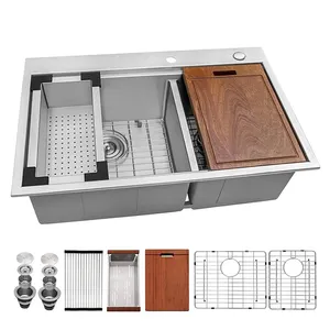 Alavanca de aço inoxidável, multifuncional, feita à mão, estação de trabalho, pia topmount, profissional, pia de cozinha