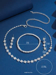 Parure de bijoux élégante en cuivre plaqué argent, style Moyen-Orient, avec collier à griffes, boucles d'oreilles en strass, bracelet, pendentifs cœur, goutte d'eau et clochette, tendance - Product Image 5