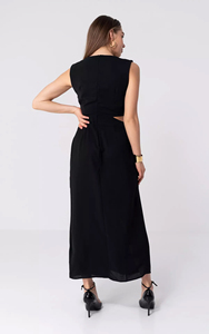 <span class=keywords><strong>Robe</strong></span> midi noire découpée sur mesure pour femme 2026 avec boucle dorée à la taille et fente latérale, robes décontractées vintage pour le bureau, fabrication OEM/ODM - Product Image 3
