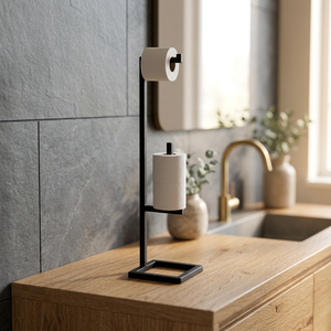 Modern Minimalist <b>Toilet</b> Paper Holder Black Metal Free Standing Countertop Bathroom <b>Accessory</b> Rectangular Design - Product Image 4