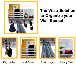 Organisateur mural rustique en bois blanc, étagère flottante <span class=keywords><strong>avec</strong></span> crochets à clés pour l'entrée, le rangement, pour le salon - Product Image 3
