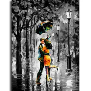 Modern Style Canvas Art Dancing In The Rain Black White Color Night-scape Knife Oil Painting With Heavy Paints