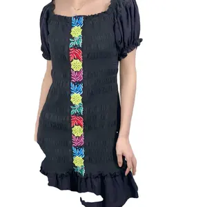 OEM good quality women summer off shoulder puff sleeve pleated dress floral embroidered mini dress