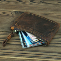 Dompet koin kulit kuda gila Retro dompet kecil kulit asli tas uang kecil kunci ritsleting pendek Mini untuk pria dan wanita