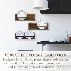 Ensemble de 3 supports de présentation muraux à double plaque en bois massif brûlé rustique cintres décoratifs en métal noir pour support de rangement de 6 à 10 pouces - Product Image 2