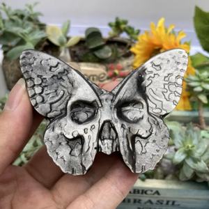 Exclusivo y Novedoso: Calaveras de Mariposa Talladas a Mano en Obsidiana Dorada y Plateada Natural, Diseño Plano de Cabeza de Mariposa Fantasma en Obsidiana para Regalo - Product Image 2