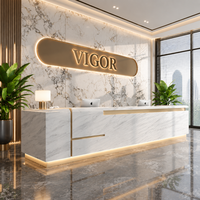 Comptoir de réception d'hôtel sur mesure, couleur personnalisée, aspect marbre blanc, incrustation dorée, comptoir avec éclairage LED pour hall d'entrée