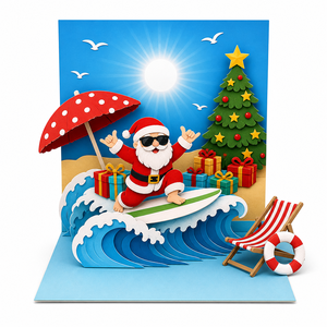 Carte de Noël 3D Pop-up au design original ZS-PC0217, Père Noël sur la plage tropicale avec lunettes de soleil, découpe laser - Product Image 1
