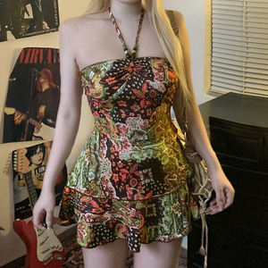 Vestido étnico con estampado retro, cuello halter y cuentas, estilo línea A para mujer, estilo Y2K vintage bohemio, vestido de moda de verano. - Product Image 2