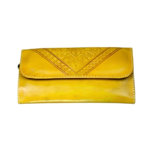Yellow Genuine Leather Short Fold <b>Wallet</b> <b>Women</b> Handmade Embossed Vintage Bohemian Panelled Clutch Daily Use - Product Image 1