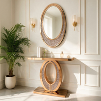 Table console moderne de luxe avec plateau en bois de chêne et verre, hauteur réglable, facile à nettoyer, finition marron pour salon de villa