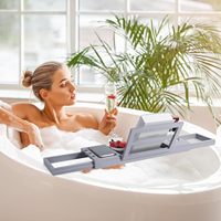 Plateau de bain en bambou noir, table de bain réglable pour baignoire, organisateur de salle de bain avec support pour livre, tablette, verre à vin, tasse, serviette