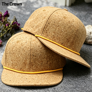 Custom Logo 6 Panel Cork <b>Flat</b> Brim <b>Hat</b> Wholesale Bulk Wood Grain Texture Rope <b>Hat</b> Manufacturer - Product Image 1