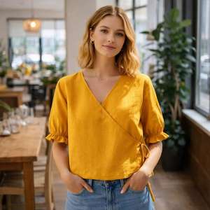 Abbigliamento Femminile di Alta Qualità, <span class=keywords><strong>Camicia</strong></span> <span class=keywords><strong>Gialla</strong></span> in <span class=keywords><strong>Lino</strong></span> su Misura con Scollo a V, Elegante Abbigliamento Donna - Product Image 3