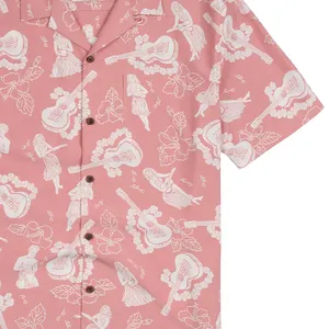 Yaz baskılı erkek gömlek rahat kısa kollu Hawaiian pembe desen Aloha gömlek