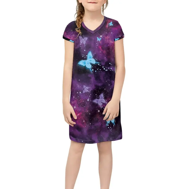 Online Customizations Galaxy Butterfly Kids Girls Dress Short Sleeve Loose Dress for Party Lightweight Shopping Girls Midi Dress