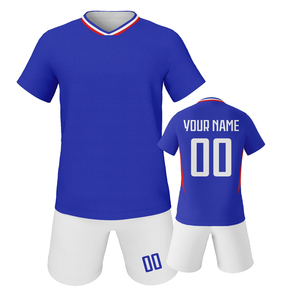 Nouvel ensemble maillot de football personnalisé 2026 pour homme, col en V bleu, manches courtes, imprimé par sublimation, short blanc respirant, tenue d'équipe adulte - Product Image 1