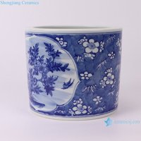 RXCS04-A bleu et blanc fenêtre ouverte fleur de prune glacée et motif d'oiseau porte-stylo en porcelaine petit vase de table