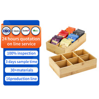 Boîte de rangement pour sachets de thé en bambou à 6 compartiments, organisateur de bureau en bambou divisé pour sachets de thé, boîte de rangement divisée en bois massif