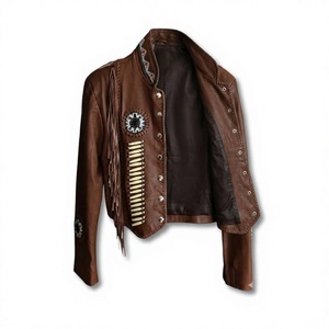 Chaqueta Bomber Nabtay Sports Marrón de Cuero Genuino con Flecos y Bordado de Cuentas, Cuello Alto, Resistente al Viento, para Mujer, Invierno - Product Image 3