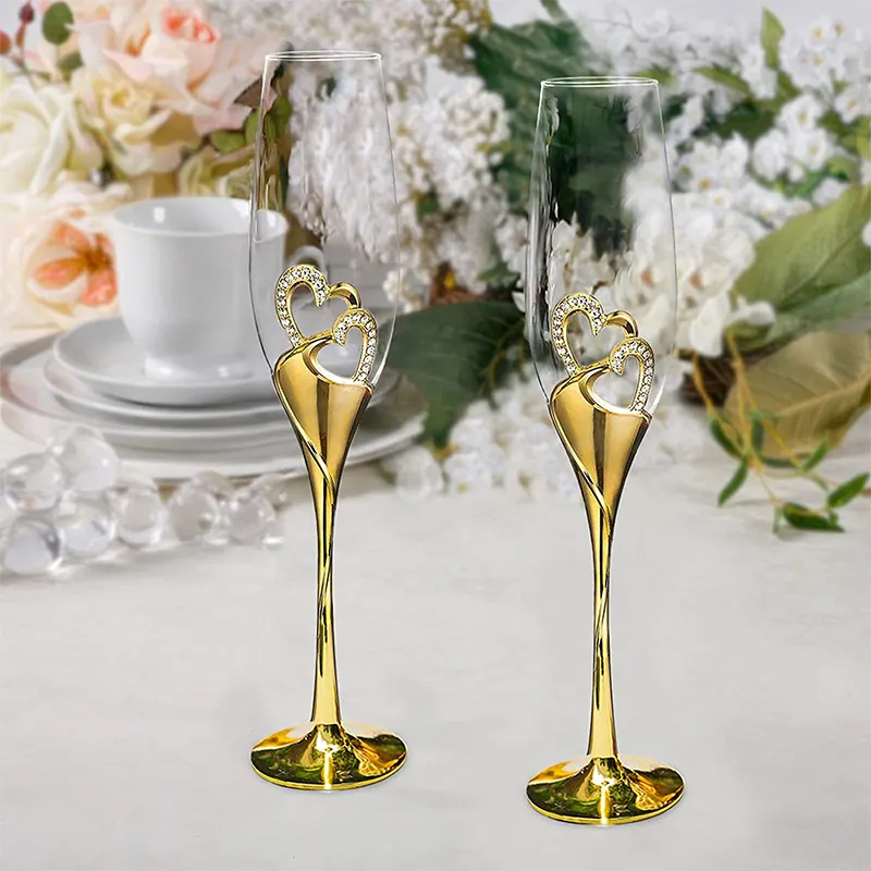 זהב גביש זכוכית יהלומים משובץ גביע אופנתי Creative בלינג כוס זוג סט מתכת שמפניה משקפיים