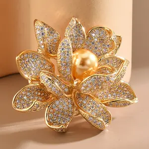 Dream Fancy Style Petal Micro Pave CZ Zircon Lotus Flower Brooches Gold Tone Centered Mother of Pearl Blossom Lotus Pins Brooch