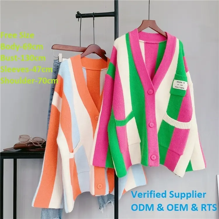 Autumn Winter Loose Contrast Color Fall Sweater Stripe Knitted Knitwear Women Cardigan 2023 Fashion Women Pink And Green Sweater