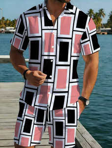 Ensemble de plage estival léger et respirant pour <span class=keywords><strong>homme</strong></span>, comprenant une chemise à manches courtes et un pantalon en polyester avec imprimé lettres bleu et blanc - Product Image 1