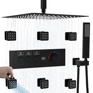 Matte Black 16 Inch Ceiling Rain Shower Head Brass Thermostatic Digital Shower System Set With Push-Button Temperature Valve