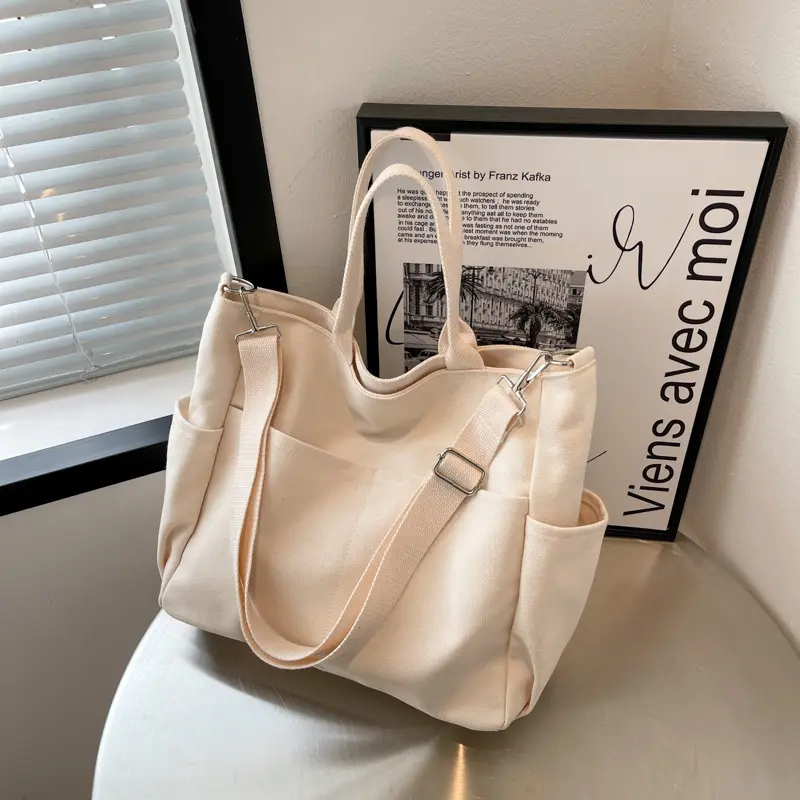 Female Simple Literary Solid Color Ins Lazy Wind Canvas Big Bag, New Korean Version Of The Single Shoulder Crossbody Bag